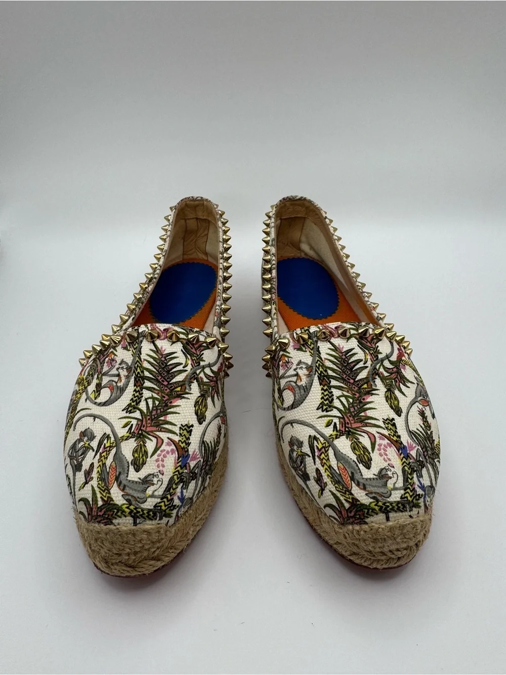 Christian Louboutin Ares Flat Loubi Jungle Espadrilles Gold Spikes Ivory EU 36